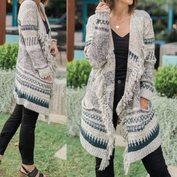 CAbi Shetland Cardigan Waterfall Sweater Boho Aztec Fringe Open Front Small Sz S - Picture 3 of 16